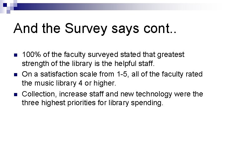 And the Survey says cont. . n n n 100% of the faculty surveyed