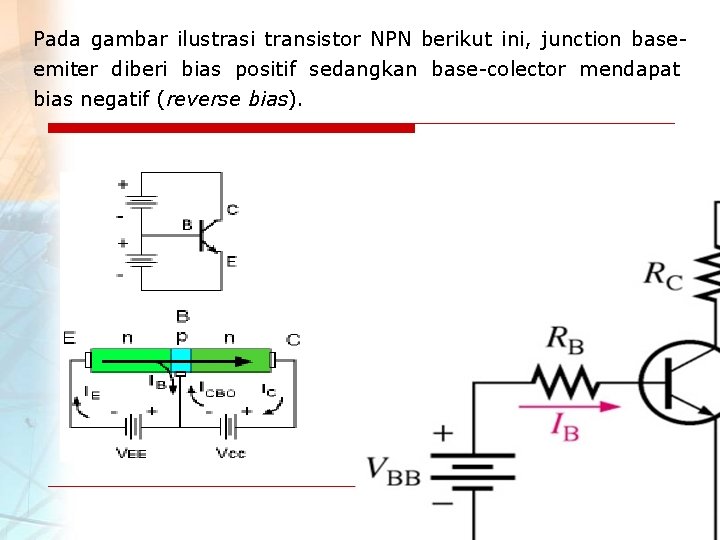 Pada gambar ilustrasi transistor NPN berikut ini, junction baseemiter diberi bias positif sedangkan base-colector