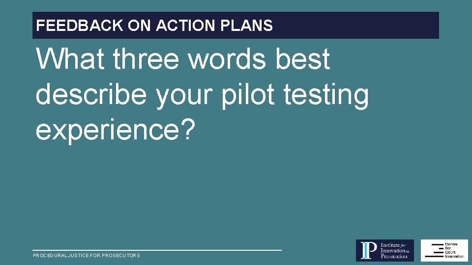 FEEDBACK ON ACTION PLANS What three words best describe your pilot testing experience? PROCEDURAL