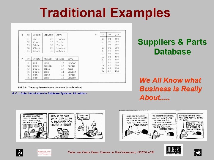 Traditional Examples Suppliers & Parts Database © C. J. Date; Introduction to Database Systems;