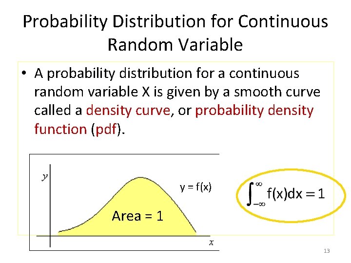 Probability Distribution for Continuous Random Variable • A probability distribution for a continuous random