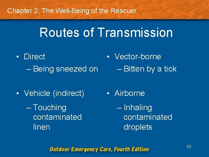 Chapter 2: The Well-Being of the Rescuer Routes of Transmission • Direct – Being
