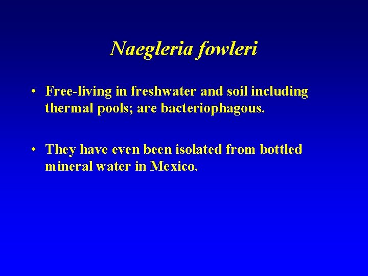 Naegleria fowleri • Free-living in freshwater and soil including thermal pools; are bacteriophagous. •