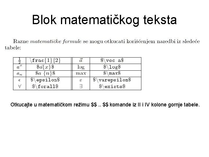 Blok matematičkog teksta Otkucajte u matematičkom režimu $$. . $$ komande iz II i