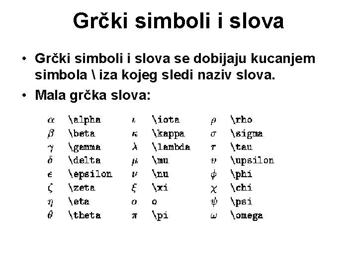 Grčki simboli i slova • Grčki simboli i slova se dobijaju kucanjem simbola 