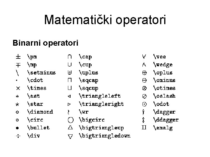 Matematički operatori Binarni operatori 