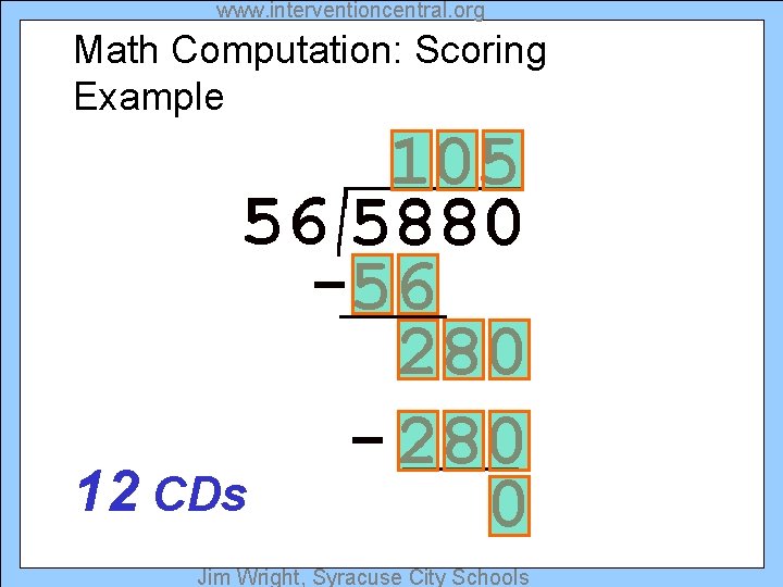 www. interventioncentral. org Math Computation: Scoring Example 12 CDs Jim Wright, Syracuse City Schools