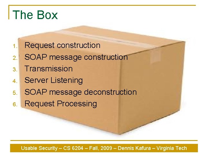 The Box 1. 2. 3. 4. 5. 6. Request construction SOAP message construction Transmission