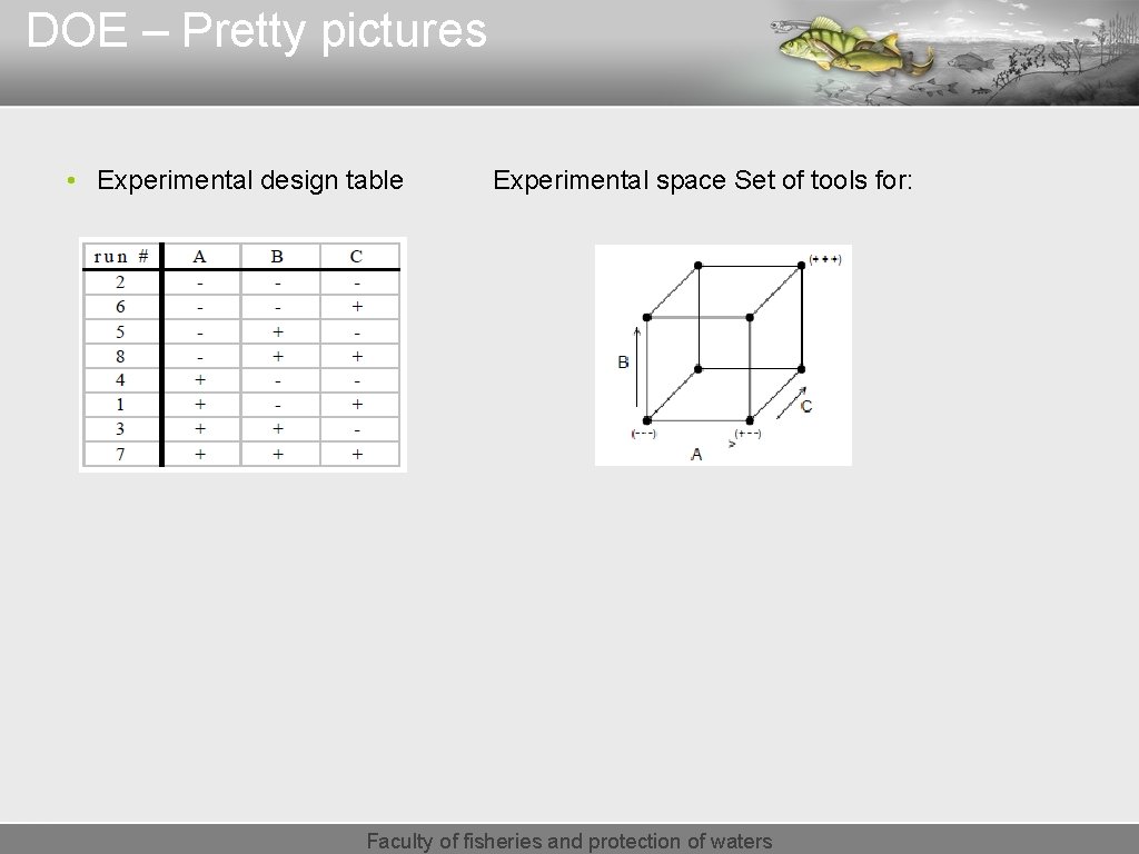 DOE – Pretty pictures • Experimental design table Experimental space Set of tools for: