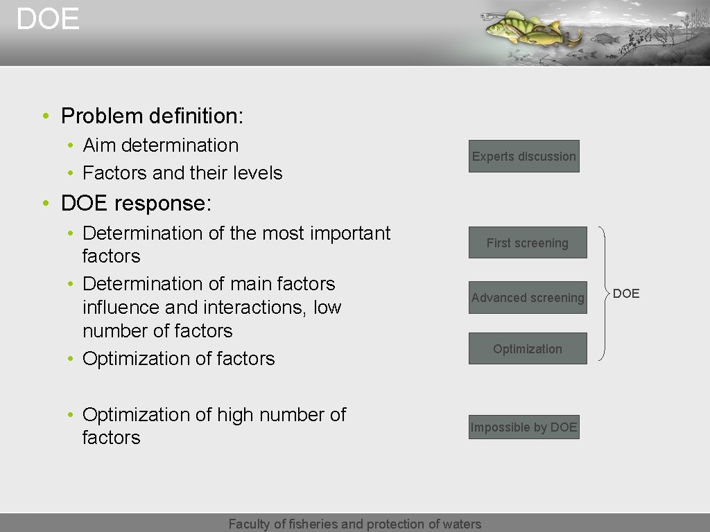 DOE • Problem definition: • Aim determination • Factors and their levels Experts discussion