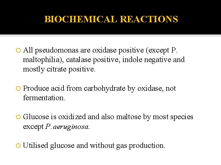 BIOCHEMICAL REACTIONS All pseudomonas are oxidase positive (except P. maltophilia), catalase positive, indole negative