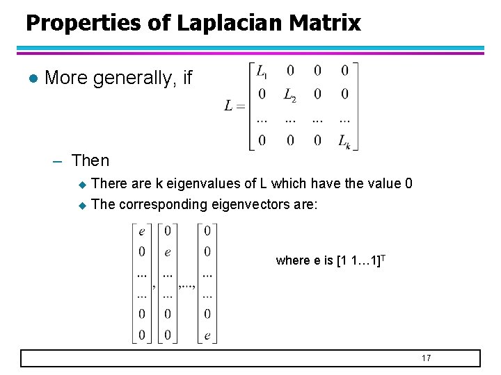 Properties of Laplacian Matrix l More generally, if – Then u There are k