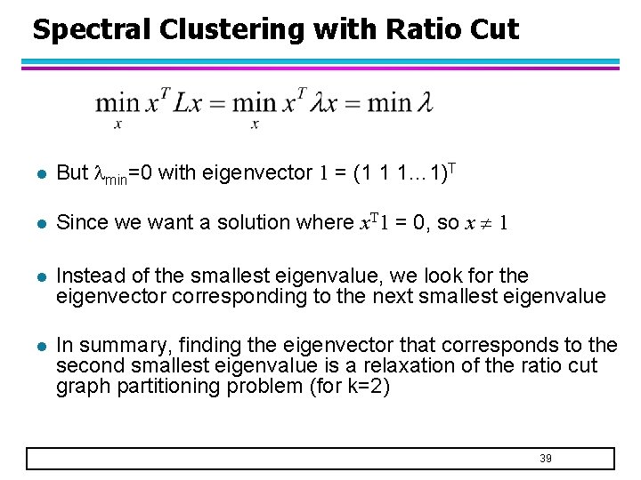 Spectral Clustering with Ratio Cut l But min=0 with eigenvector 1 = (1 1