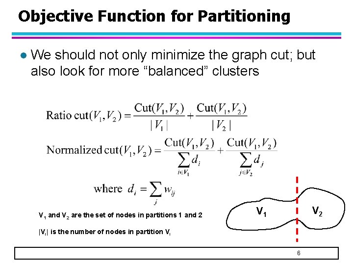 Objective Function for Partitioning l We should not only minimize the graph cut; but