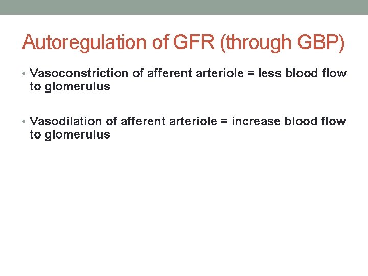 Autoregulation of GFR (through GBP) • Vasoconstriction of afferent arteriole = less blood flow