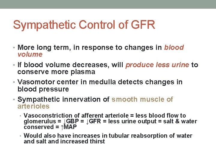Sympathetic Control of GFR • More long term, in response to changes in blood