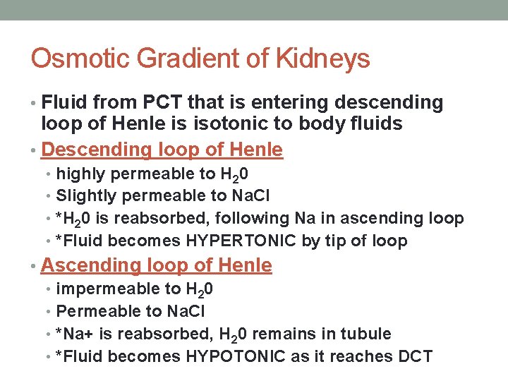 Osmotic Gradient of Kidneys • Fluid from PCT that is entering descending loop of