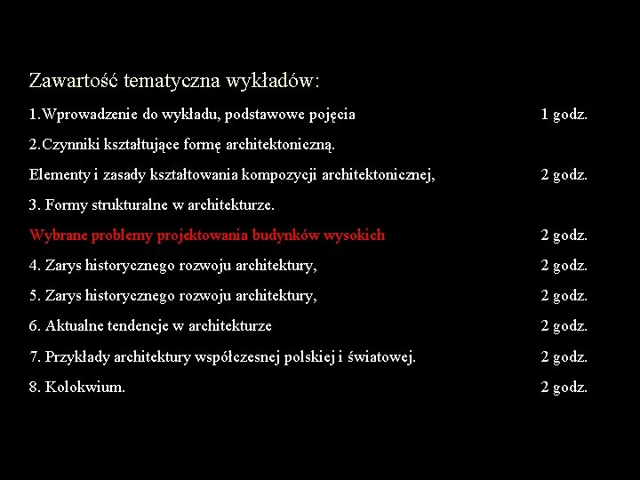 Zawartość tematyczna wykładów: 1. Wprowadzenie do wykładu, podstawowe pojęcia 1 godz. 2. Czynniki kształtujące