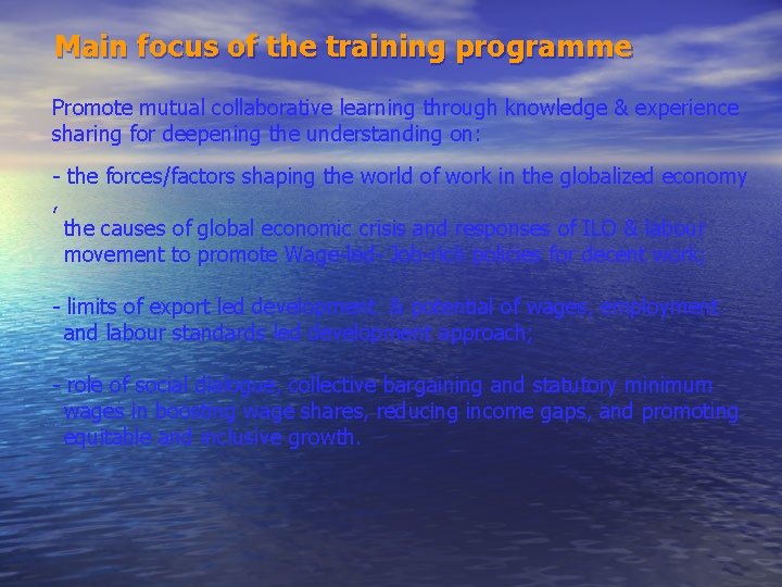 Main focus of the training programme Promote mutual collaborative learning through knowledge & experience