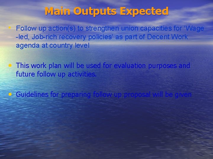Main Outputs Expected • Follow up action(s) to strengthen union capacities for ‘Wage -led,