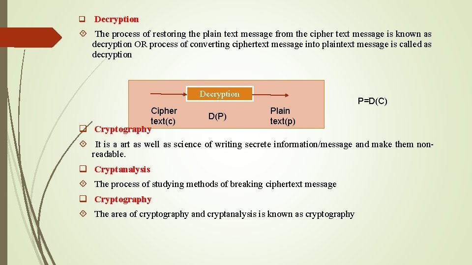 q Decryption The process of restoring the plain text message from the cipher text