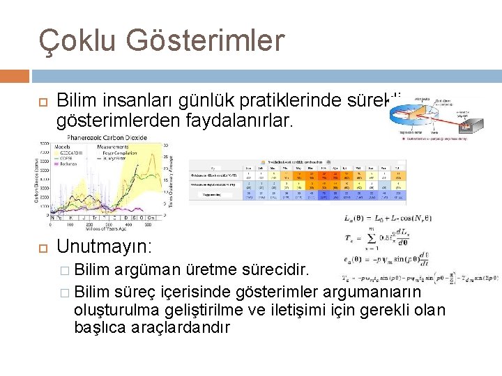 Çoklu Gösterimler Bilim insanları günlük pratiklerinde sürekli gösterimlerden faydalanırlar. Unutmayın: � Bilim argüman üretme