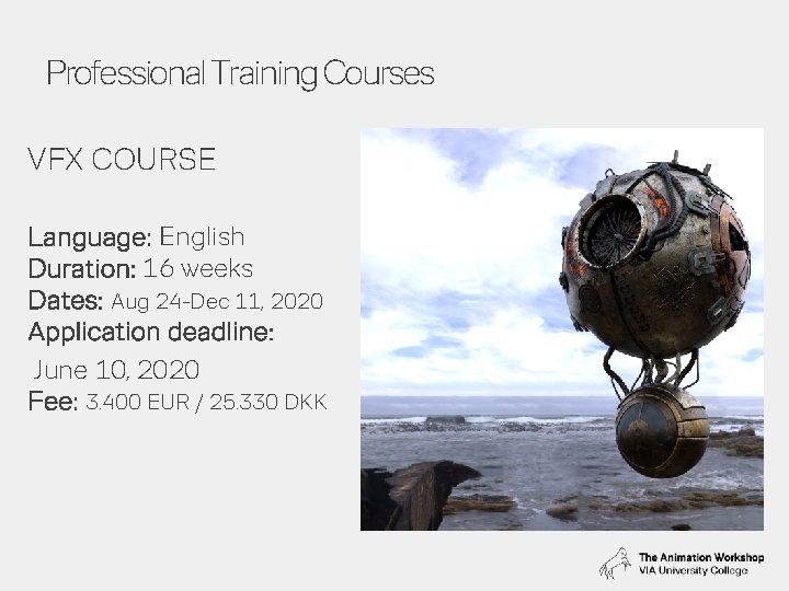 Professional Training Courses VFX COURSE Language: English Duration: 16 weeks Dates: Aug 24 -Dec