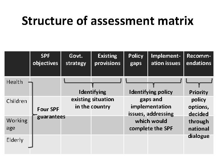 Structure of assessment matrix SPF objectives Govt. strategy Existing provisions Policy gaps Implement- Recommation
