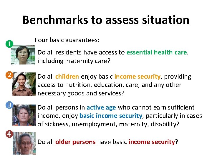 Benchmarks to assess situation Four basic guarantees: Do all residents have access to essential