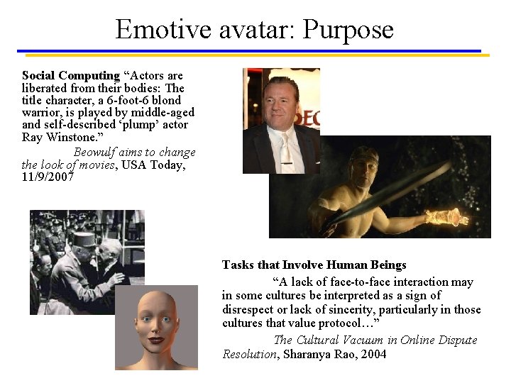Emotive avatar: Purpose Social Computing “Actors are liberated from their bodies: The title character,