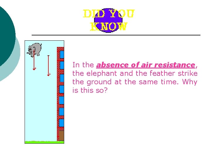 In the absence of air resistance, the elephant and the feather strike the ground