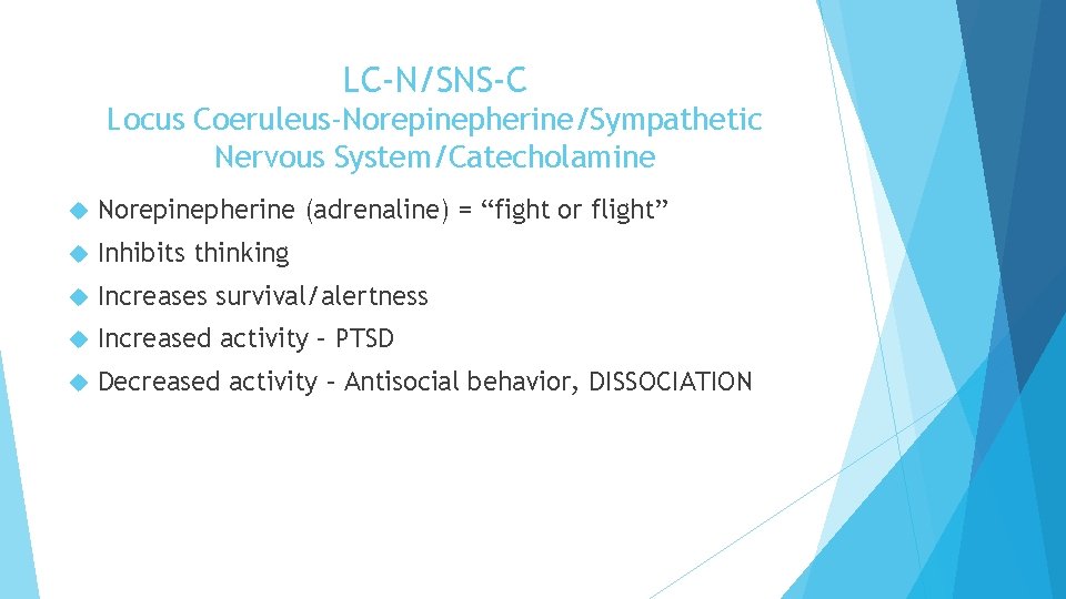 LC-N/SNS-C Locus Coeruleus-Norepinepherine/Sympathetic Nervous System/Catecholamine Norepinepherine (adrenaline) = “fight or flight” Inhibits thinking Increases