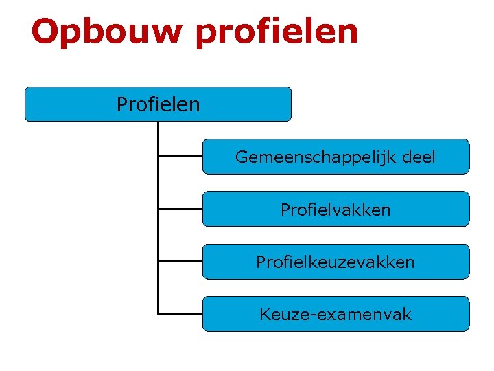 Opbouw profielen Profielen Gemeenschappelijk deel Profielvakken Profielkeuzevakken Keuze-examenvak 