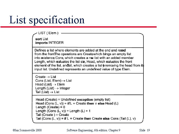 List specification ©Ian Sommerville 2000 Software Engineering, 6 th edition. Chapter 9 Slide 19