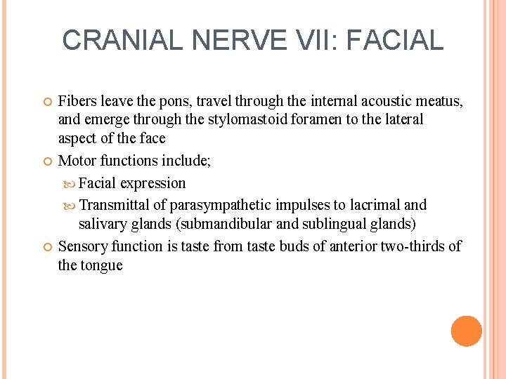CRANIAL NERVE VII: FACIAL Fibers leave the pons, travel through the internal acoustic meatus,