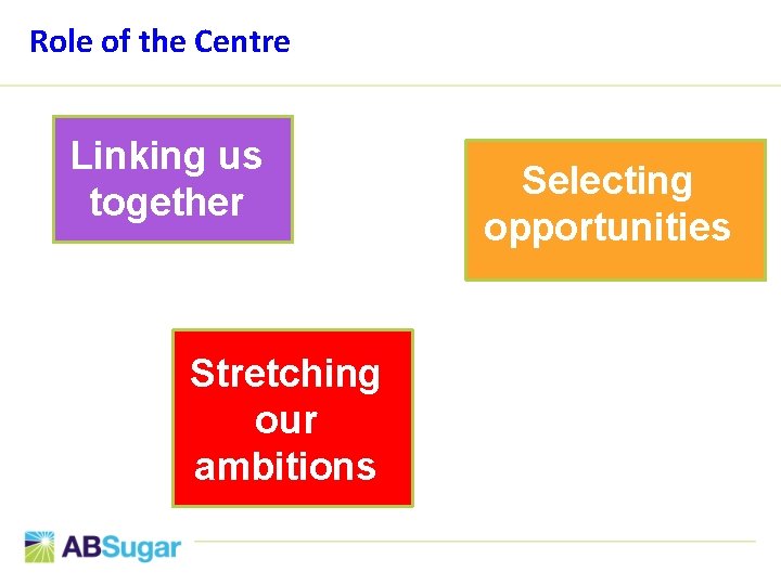 Role of the Centre Linking us together Stretching our ambitions Selecting opportunities 