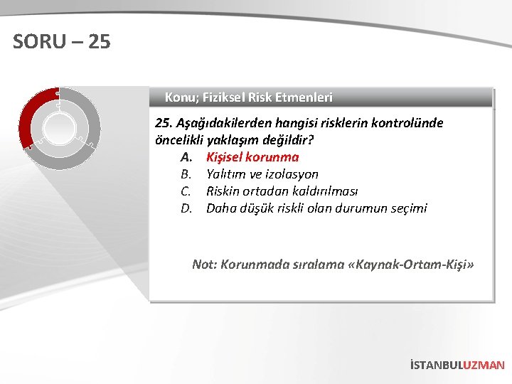 SORU – 25 Konu; Fiziksel Risk Etmenleri 25. Aşağıdakilerden hangisi risklerin kontrolünde öncelikli yaklaşım