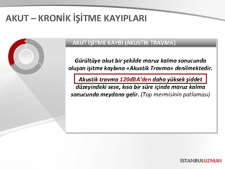 AKUT – KRONİK İŞİTME KAYIPLARI AKUT İŞİTME KAYBI (AKUSTİK TRAVMA) Gürültüye akut bir şekilde