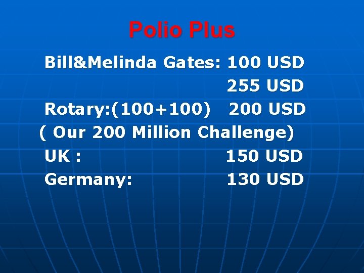 Polio Plus Bill&Melinda Gates: 100 USD 255 USD Rotary: (100+100) 200 USD ( Our