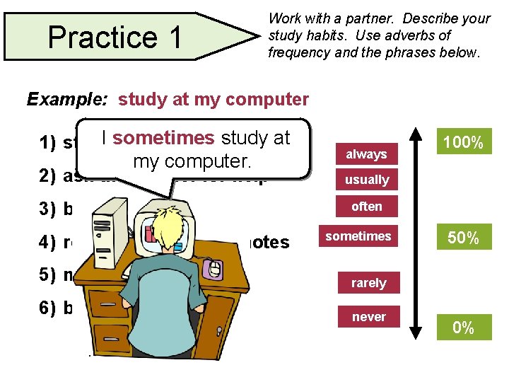 Practice 1 Work with a partner. Describe your study habits. Use adverbs of frequency