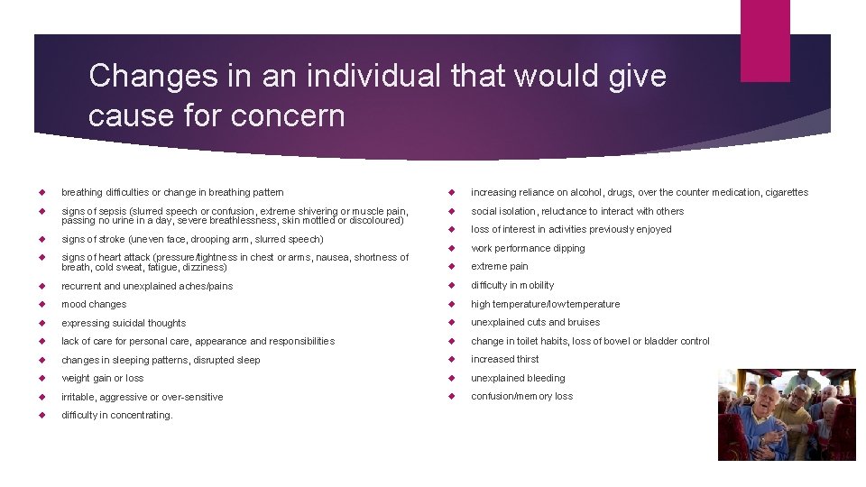 Changes in an individual that would give cause for concern breathing difficulties or change