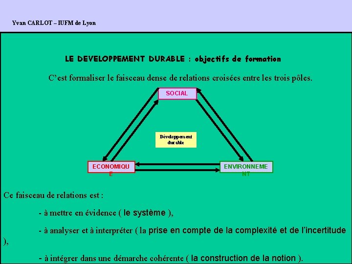 Yvan CARLOT – IUFM de Lyon LE DEVELOPPEMENT DURABLE : objectifs de formation C’est