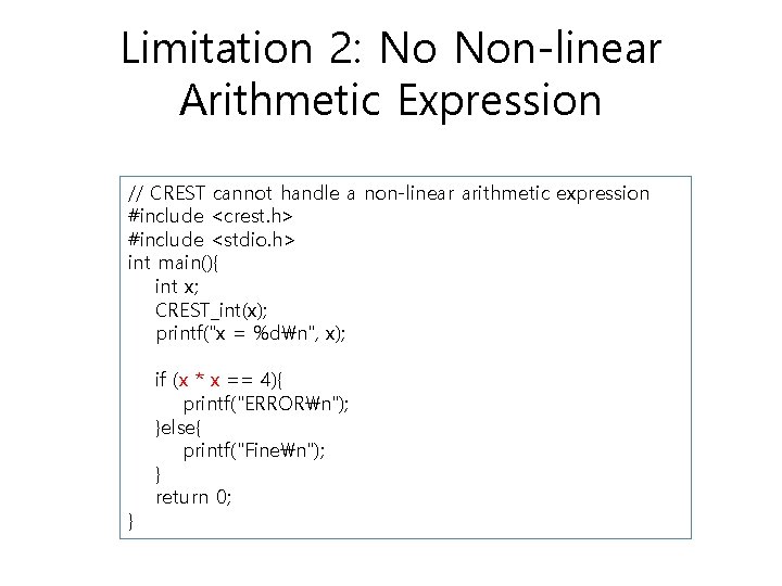 Limitation 2: No Non-linear Arithmetic Expression // CREST cannot handle a non-linear arithmetic expression