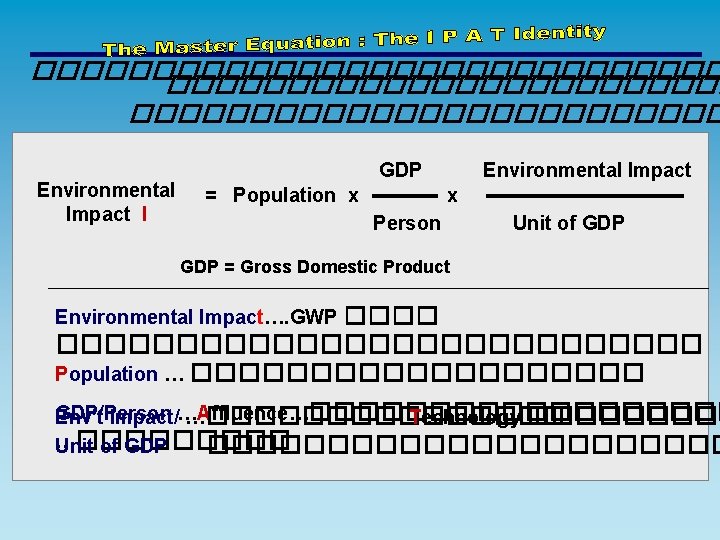 ������������������������� Environmental Impact I GDP = Population x Environmental Impact x Person Unit of