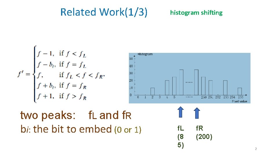 Related Work(1/3) two peaks: f. L and f. R bi: the bit to embed