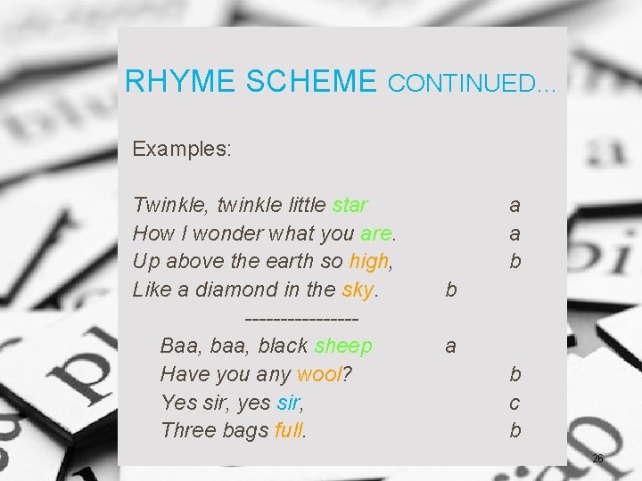 RHYME SCHEME CONTINUED… Examples: Twinkle, twinkle little star How I wonder what you are