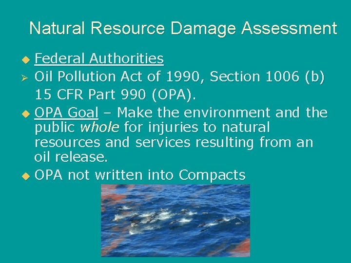Natural Resource Damage Assessment Federal Authorities Ø Oil Pollution Act of 1990, Section 1006