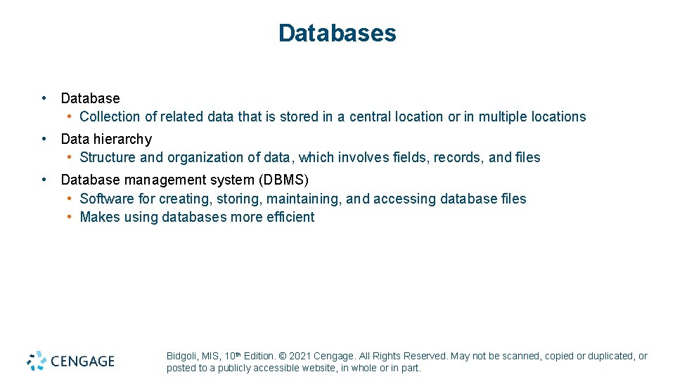 Databases • Database • Collection of related data that is stored in a central