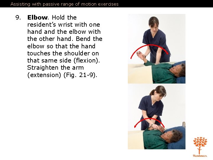 Assisting with passive range of motion exercises 9. Elbow. Hold the resident’s wrist with