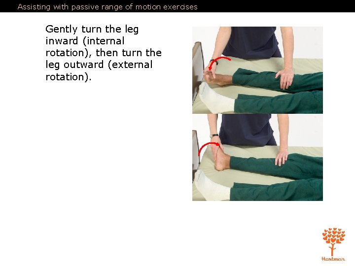 Assisting with passive range of motion exercises Gently turn the leg inward (internal rotation),